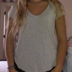 Soft gray and white striped V-neck